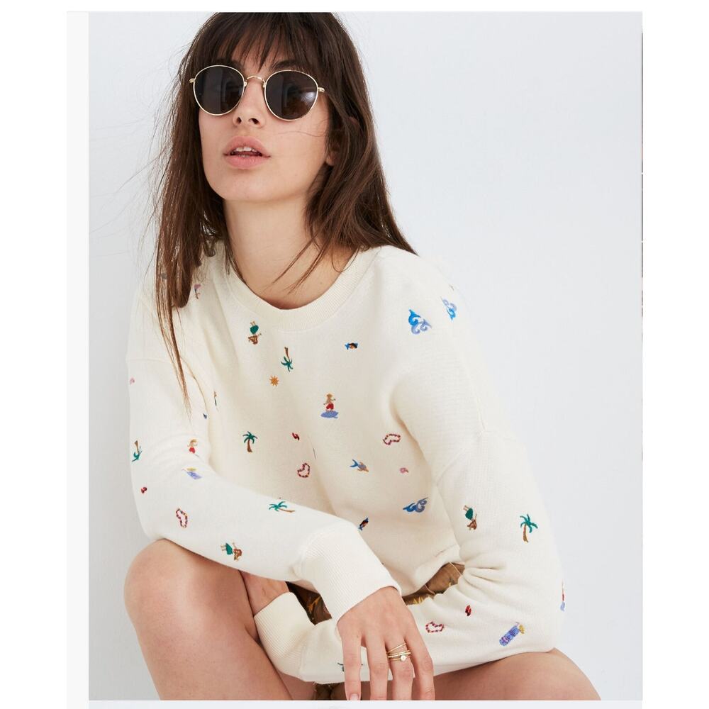 Madewell Embroidered Beach Scene Cream Cotton Sweater Size Small - Picture 7 of 7
